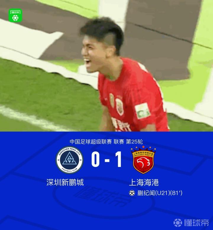 新鹏城0-1海港，蒯纪闻斩获个人中超首球，武磊献助攻